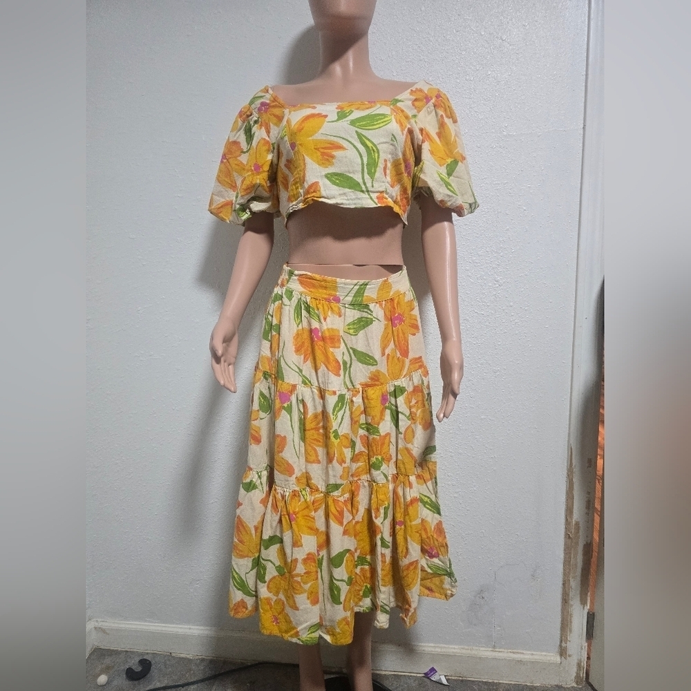 Rose & Olive Floral Yellow and Green Skirt Set